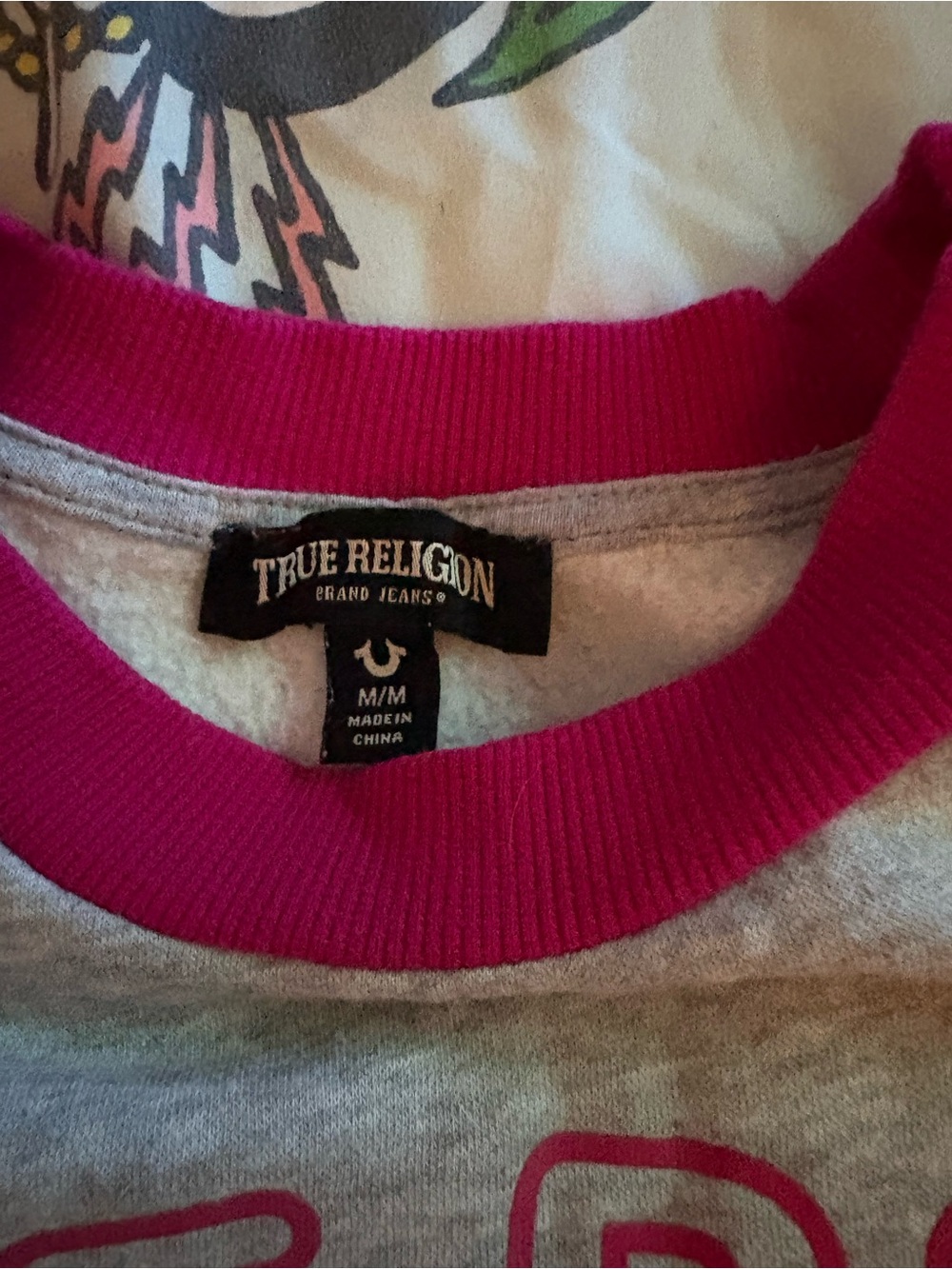 True Religion Gray Sweatshirt with Bright Pink Trim - Picture 3 of 3